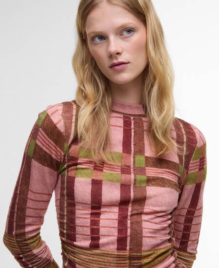 Barbour FARM Rio Thalita Long-Sleeved Knitted Top Pink Tartan