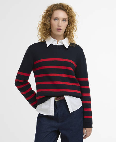 Fern Striped Crew Neck Jumper Navy/Poppy Red