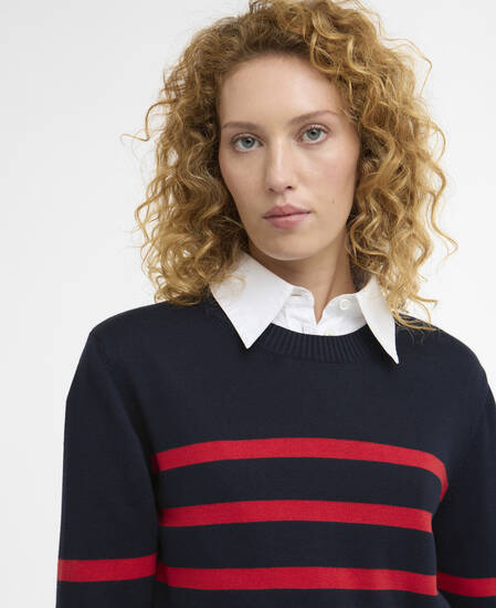 Fern Striped Crew Neck Jumper Navy/Poppy Red