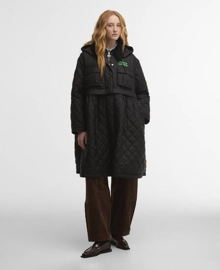 Barbour x GANNI Peplum Longline Quilted Jacket Black/Classic Tartan