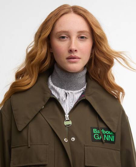 Barbour x GANNI Waterproof Parka Jacket Olive/Classic Tartan