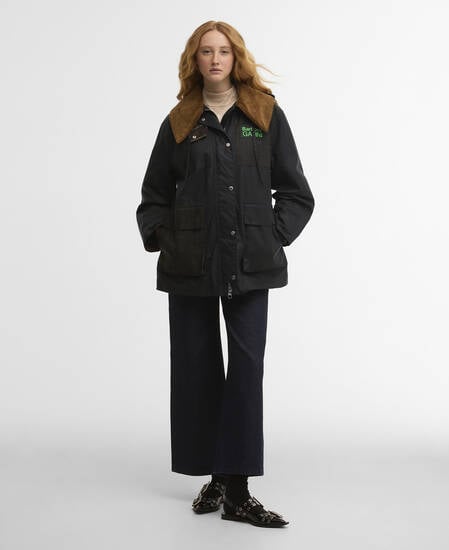 Barbour x GANNI Waxed Duffle Coat Navy/Classic Tartan