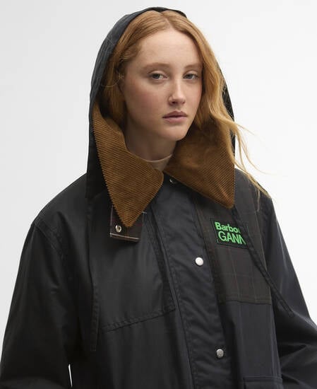 Barbour x GANNI Waxed Duffle Coat Navy/Classic Tartan