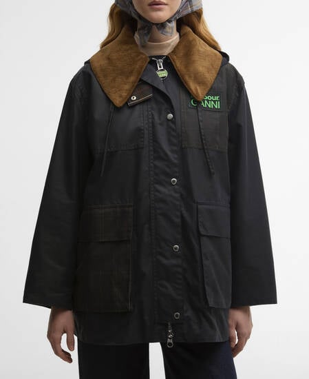 Barbour x GANNI Waxed Duffle Coat Navy/Classic Tartan